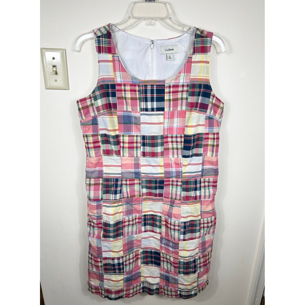 L.L.Bean Madras Patchwork Shift Dress Womens 10 Jumper Plaid Sleeveless Lined